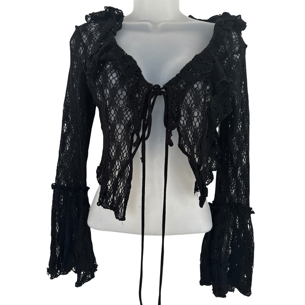 Urban Outfitters Y2K Black Lace Tie Front Cropped Cardigan Bell Sleeve Ruffle M